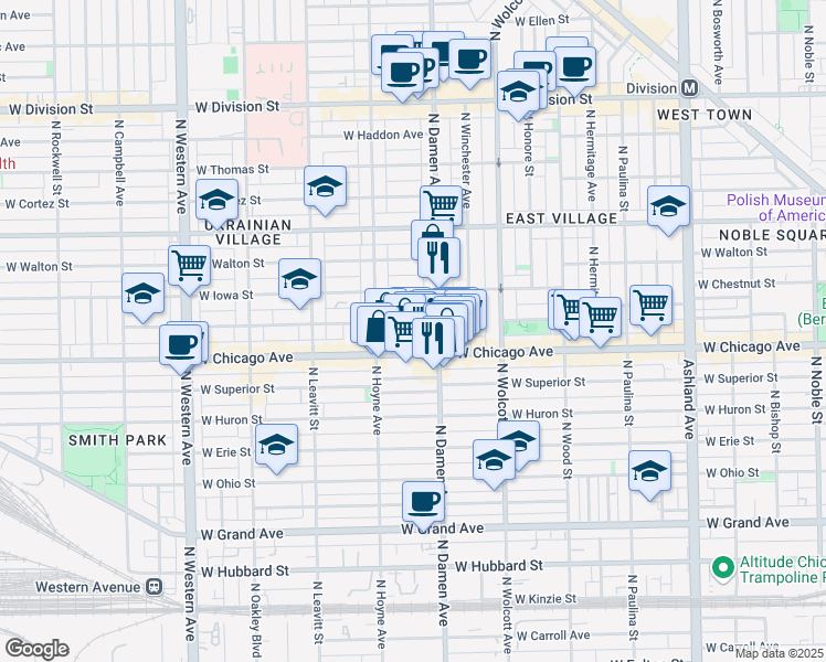map of restaurants, bars, coffee shops, grocery stores, and more near 2023 West Rice Street in Chicago