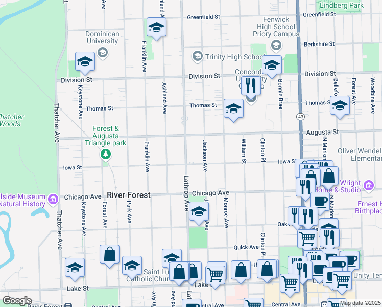 map of restaurants, bars, coffee shops, grocery stores, and more near 915 Lathrop Avenue in River Forest