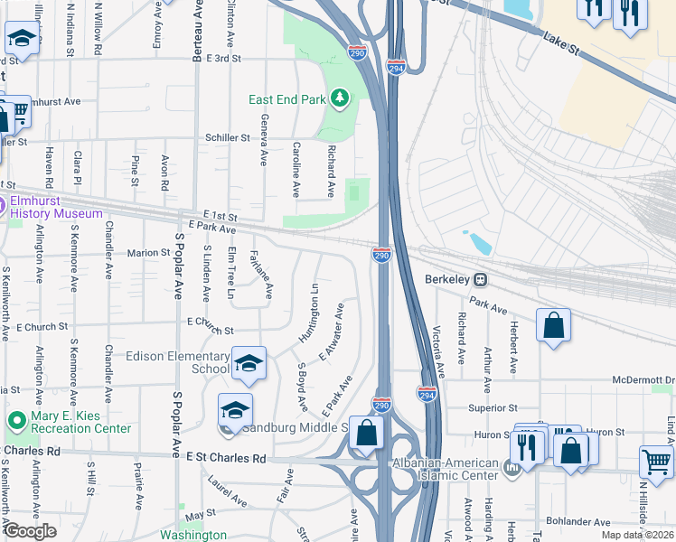 map of restaurants, bars, coffee shops, grocery stores, and more near 432 Huntington Lane in Elmhurst