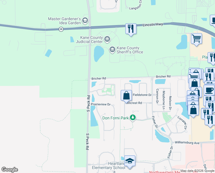 map of restaurants, bars, coffee shops, grocery stores, and more near 3715 Ridge Pointe Drive in Geneva