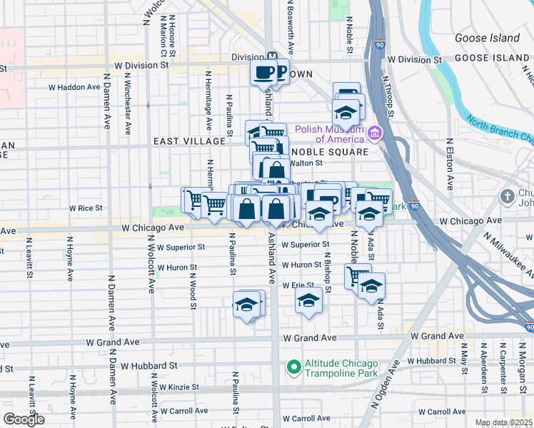 map of restaurants, bars, coffee shops, grocery stores, and more near 814 North Ashland Avenue in Chicago