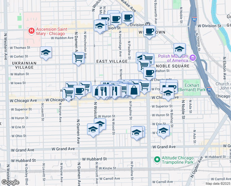map of restaurants, bars, coffee shops, grocery stores, and more near 817 North Wood Street in Chicago