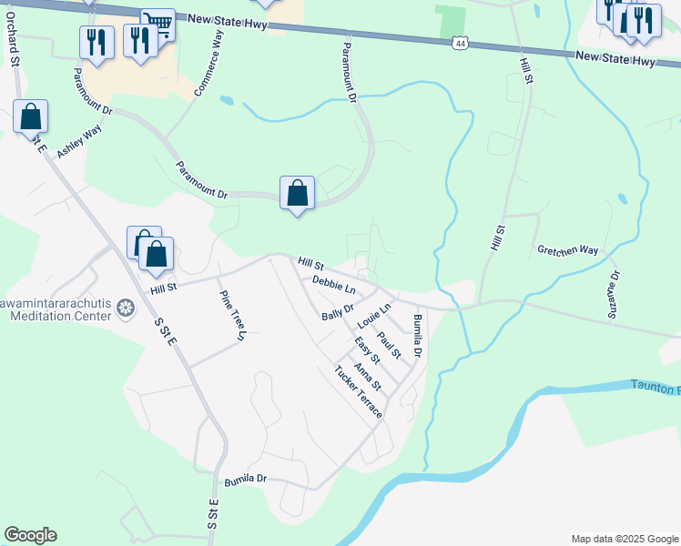 map of restaurants, bars, coffee shops, grocery stores, and more near 295 Hill Street in Raynham