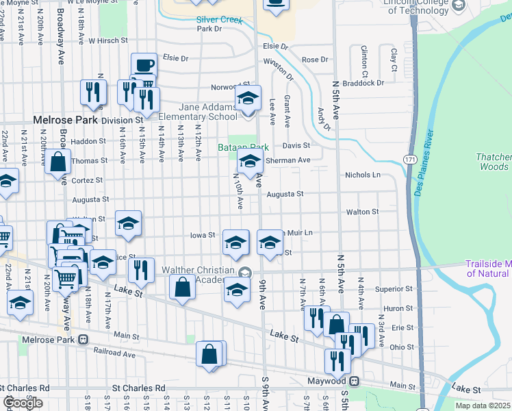 map of restaurants, bars, coffee shops, grocery stores, and more near 1008 North 9th Avenue in Melrose Park