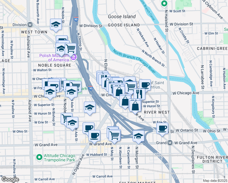 map of restaurants, bars, coffee shops, grocery stores, and more near 805 North Milwaukee Avenue in Chicago