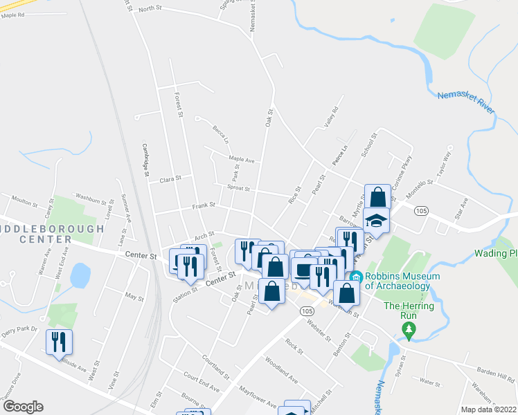 map of restaurants, bars, coffee shops, grocery stores, and more near 75 Oak Street in Middleborough