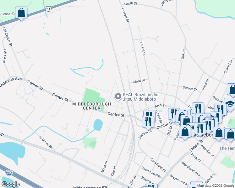 map of restaurants, bars, coffee shops, grocery stores, and more near 10 Sumner Avenue in Middleborough