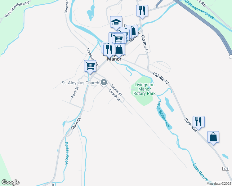 map of restaurants, bars, coffee shops, grocery stores, and more near 48 Dubois Street in Livingston Manor
