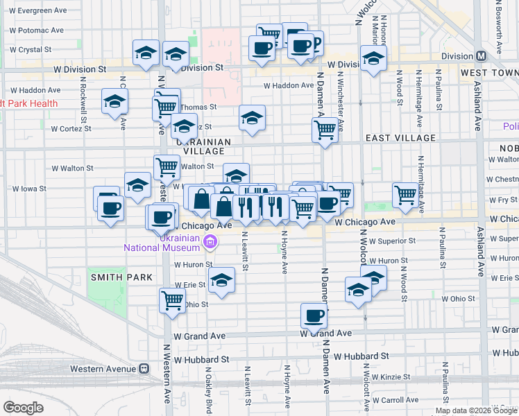 map of restaurants, bars, coffee shops, grocery stores, and more near 2139 West Rice Street in Chicago