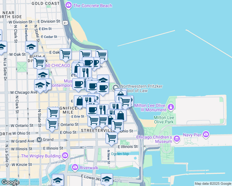 map of restaurants, bars, coffee shops, grocery stores, and more near 375 East Chicago Avenue in Chicago