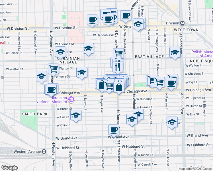 map of restaurants, bars, coffee shops, grocery stores, and more near 2023 West Rice Street in Chicago