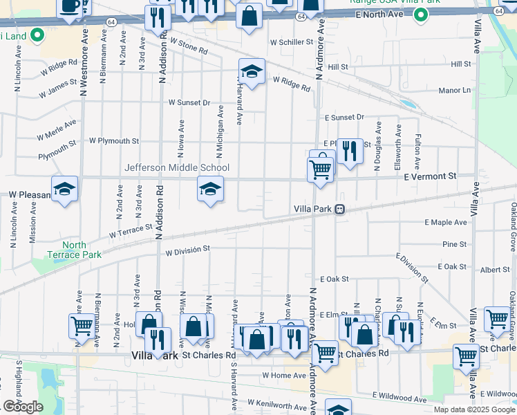map of restaurants, bars, coffee shops, grocery stores, and more near 346 North Yale Avenue in Villa Park