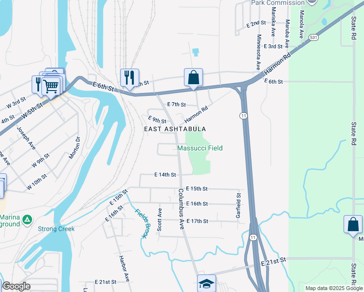 map of restaurants, bars, coffee shops, grocery stores, and more near 1212 Columbus Avenue in Ashtabula