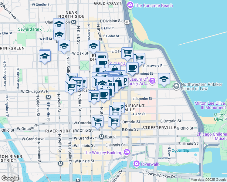 map of restaurants, bars, coffee shops, grocery stores, and more near 782 North Wabash Avenue in Chicago
