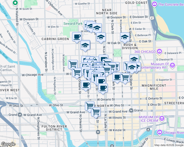 map of restaurants, bars, coffee shops, grocery stores, and more near 201 West Chicago Avenue in Chicago