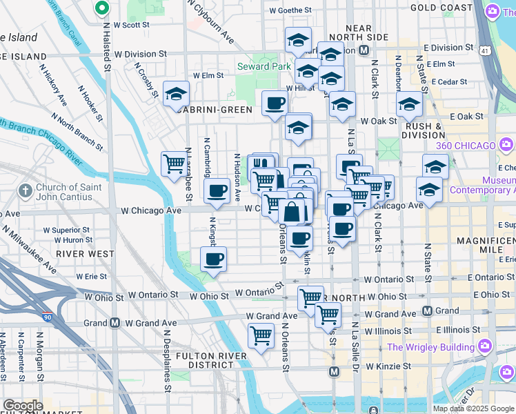 map of restaurants, bars, coffee shops, grocery stores, and more near 410-412 West Chicago Avenue in Chicago