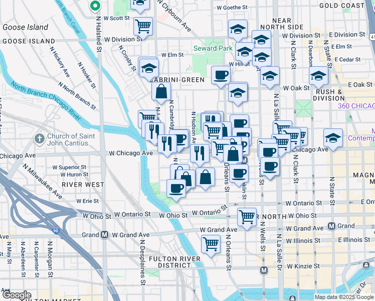 map of restaurants, bars, coffee shops, grocery stores, and more near in Chicago