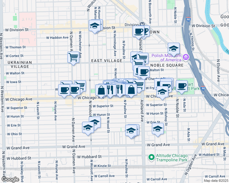 map of restaurants, bars, coffee shops, grocery stores, and more near 835 North Hermitage Avenue in Chicago