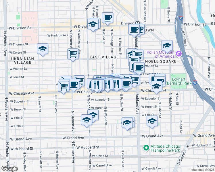 map of restaurants, bars, coffee shops, grocery stores, and more near 817 North Wood Street in Chicago