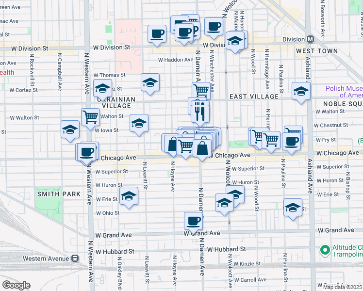 map of restaurants, bars, coffee shops, grocery stores, and more near 2023 West Rice Street in Chicago