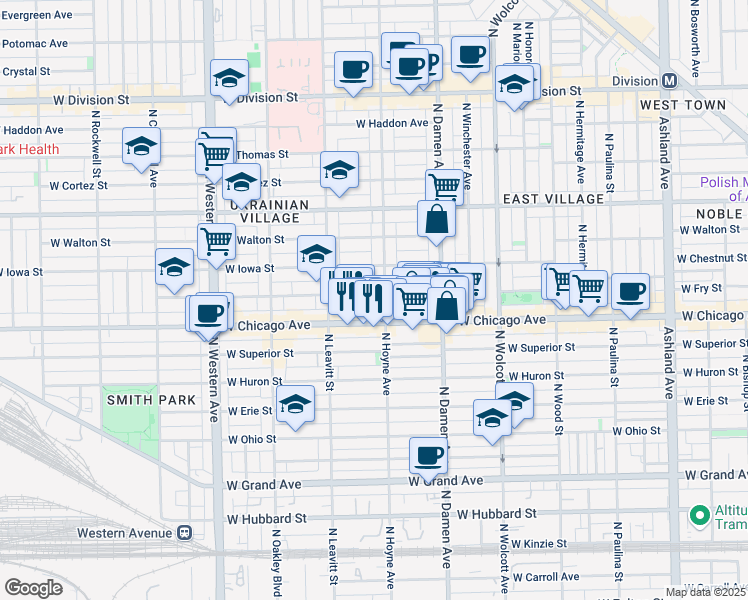 map of restaurants, bars, coffee shops, grocery stores, and more near 819 North Hoyne Avenue in Chicago