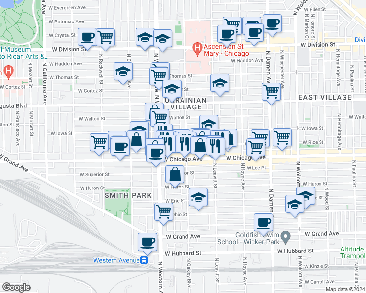 map of restaurants, bars, coffee shops, grocery stores, and more near 821 North Oakley Boulevard in Chicago
