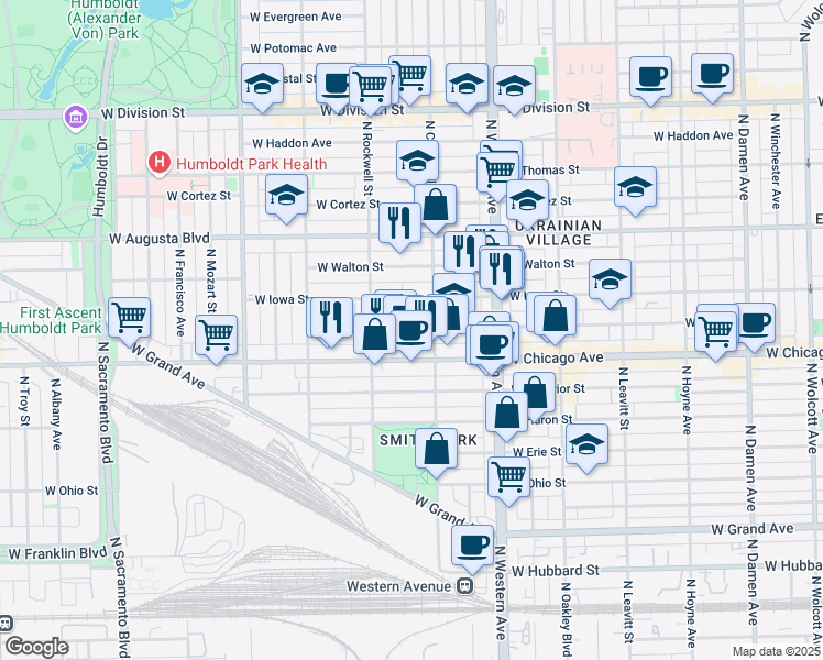map of restaurants, bars, coffee shops, grocery stores, and more near 825 North Maplewood Avenue in Chicago