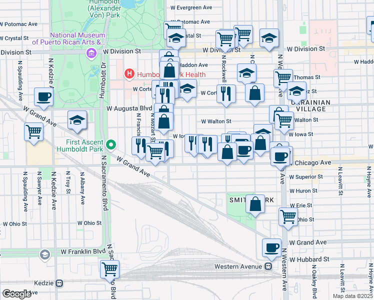 map of restaurants, bars, coffee shops, grocery stores, and more near 822 North Washtenaw Avenue in Chicago