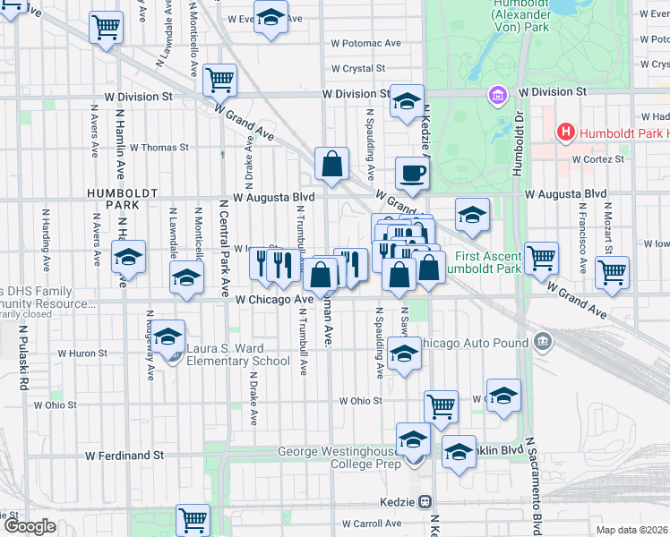 map of restaurants, bars, coffee shops, grocery stores, and more near 833 North Homan Avenue in Chicago
