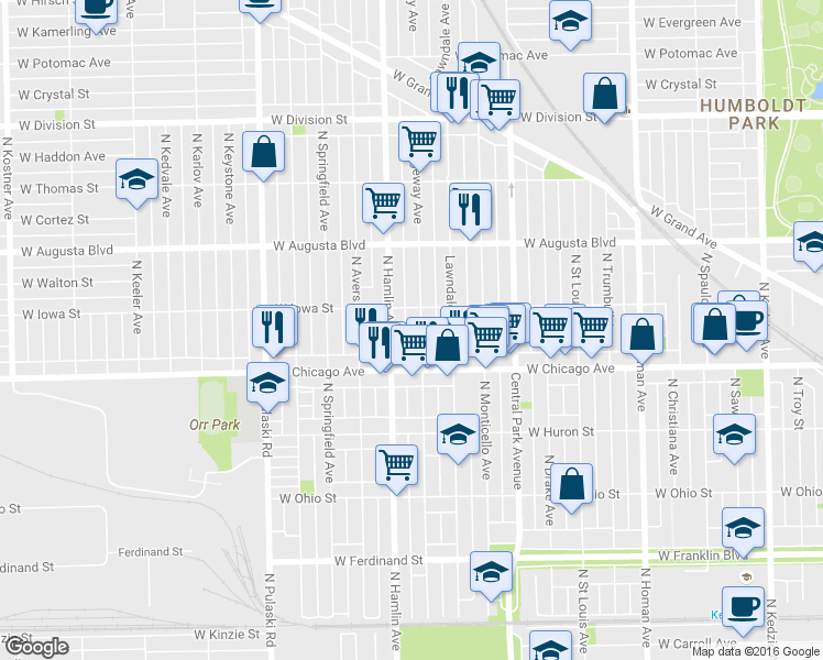 map of restaurants, bars, coffee shops, grocery stores, and more near 834 North Ridgeway Avenue in Chicago