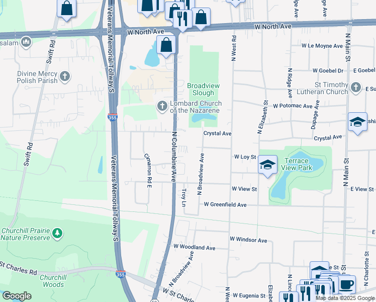 map of restaurants, bars, coffee shops, grocery stores, and more near 531 West Pleasant Lane in Lombard