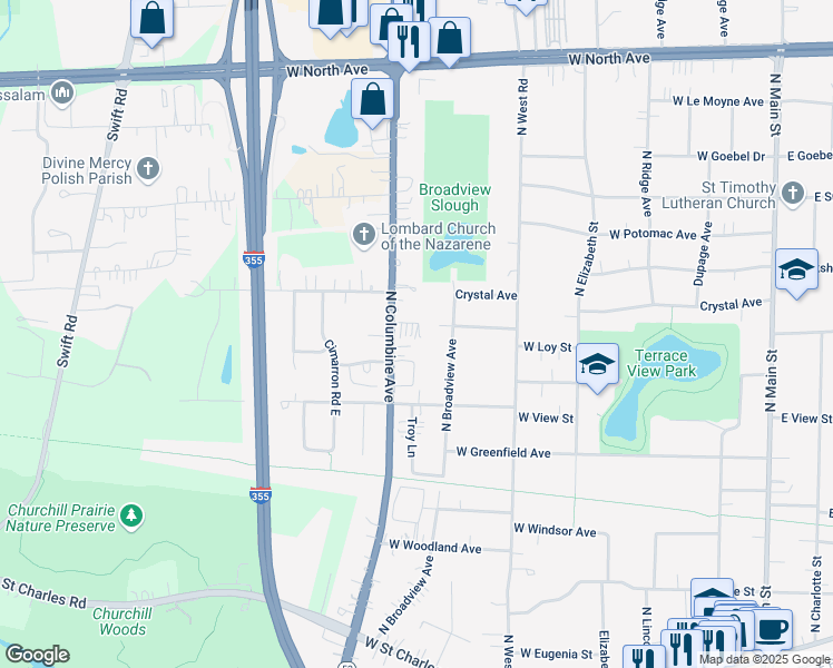 map of restaurants, bars, coffee shops, grocery stores, and more near 531 West Pleasant Lane in Lombard