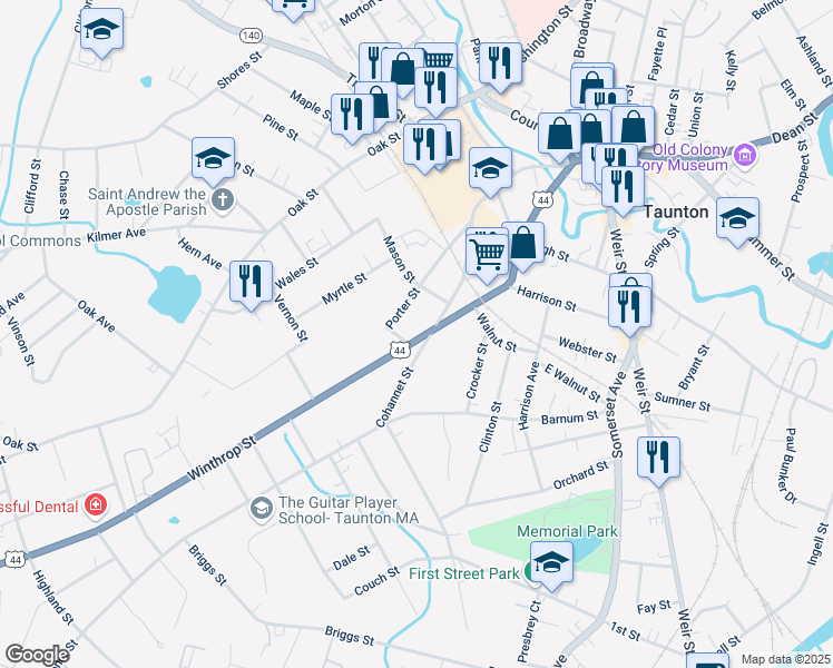 map of restaurants, bars, coffee shops, grocery stores, and more near 97 Winthrop Street in Taunton