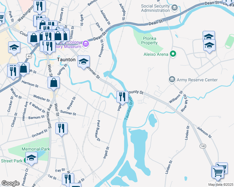 map of restaurants, bars, coffee shops, grocery stores, and more near 115B Summer Street in Taunton