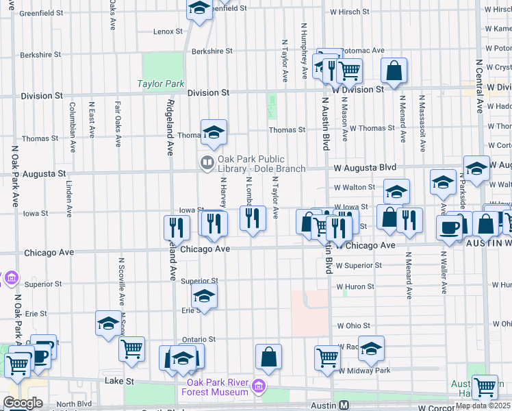 map of restaurants, bars, coffee shops, grocery stores, and more near 600 North Lombard Avenue in Oak Park