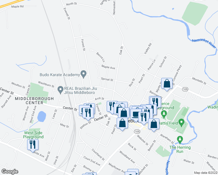 map of restaurants, bars, coffee shops, grocery stores, and more near 5 Frank Street in Middleborough