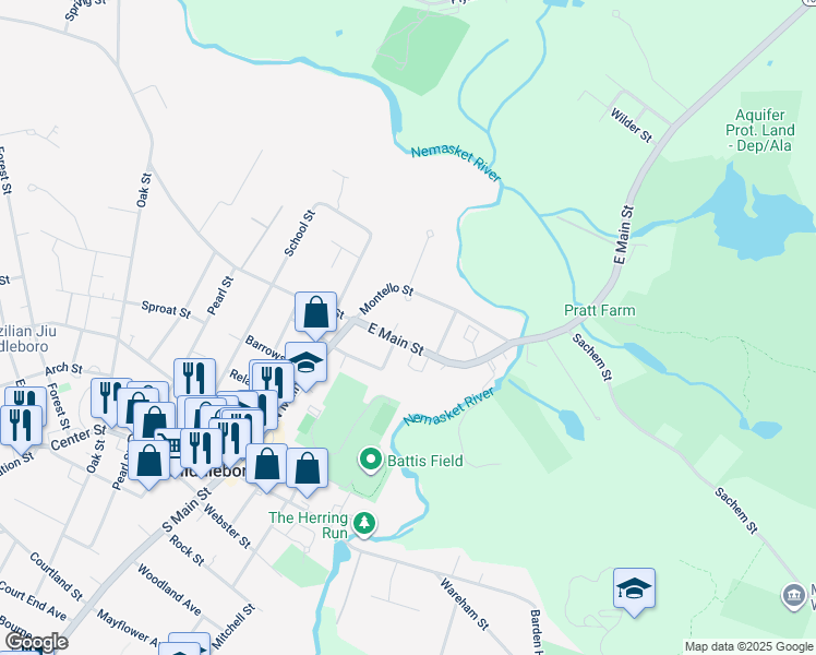map of restaurants, bars, coffee shops, grocery stores, and more near 16 East Main Street in Middleborough