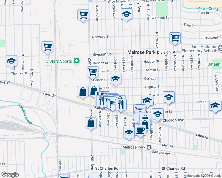map of restaurants, bars, coffee shops, grocery stores, and more near 1019 23rd Avenue in Melrose Park
