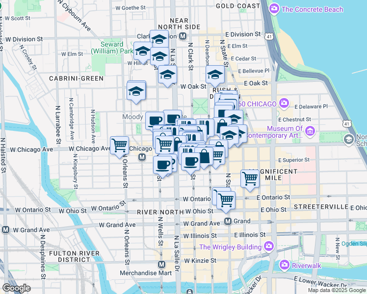 map of restaurants, bars, coffee shops, grocery stores, and more near 115 West Chicago Avenue in Chicago