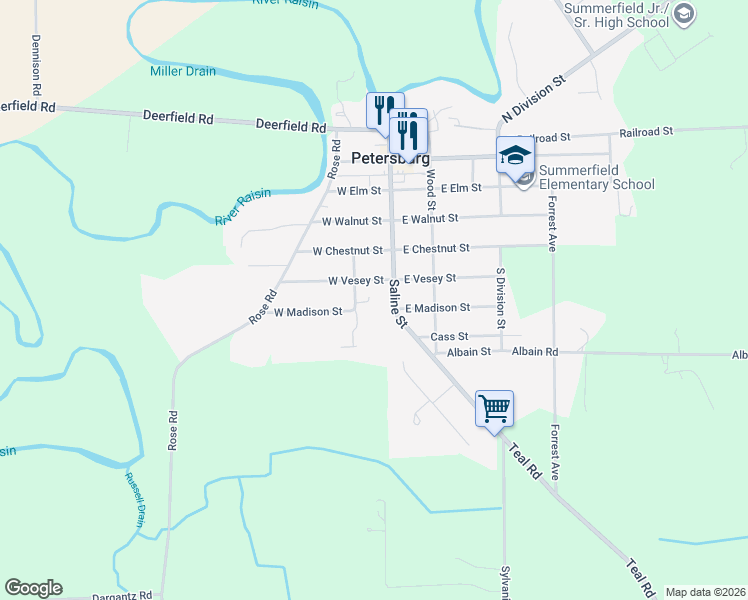 map of restaurants, bars, coffee shops, grocery stores, and more near 509 Davis Street in Petersburg