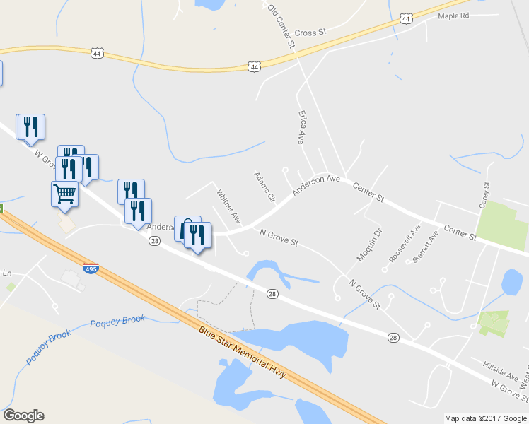 map of restaurants, bars, coffee shops, grocery stores, and more near 23 Anderson Avenue in Middleborough