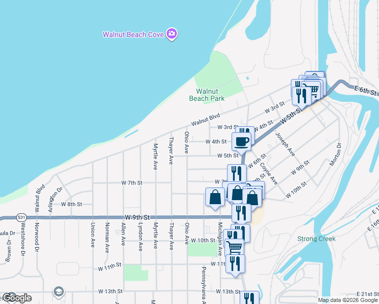 map of restaurants, bars, coffee shops, grocery stores, and more near 1845 W 5th St in Ashtabula