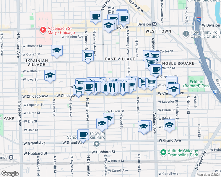 map of restaurants, bars, coffee shops, grocery stores, and more near 1843 West Rice Street in Chicago