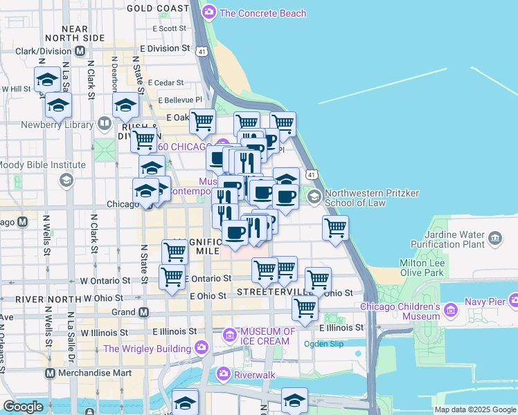 map of restaurants, bars, coffee shops, grocery stores, and more near 245 East Chicago Avenue in Chicago