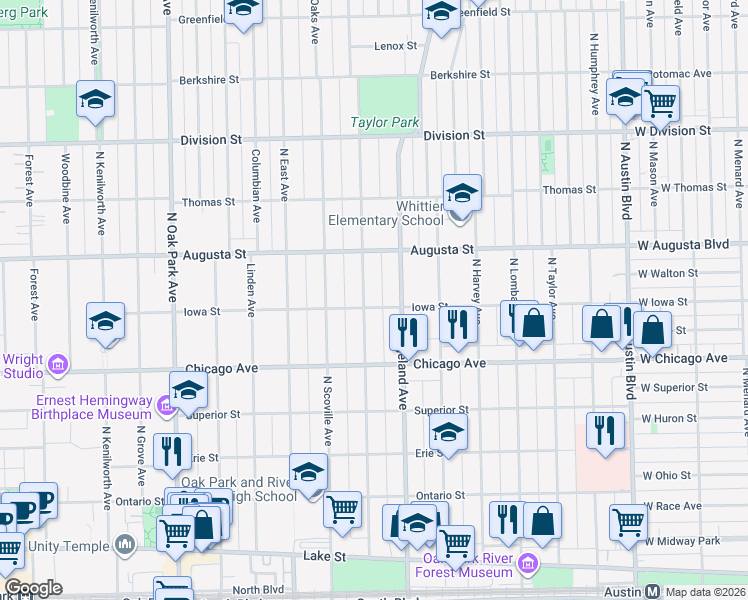 map of restaurants, bars, coffee shops, grocery stores, and more near 424 Iowa Street in Oak Park