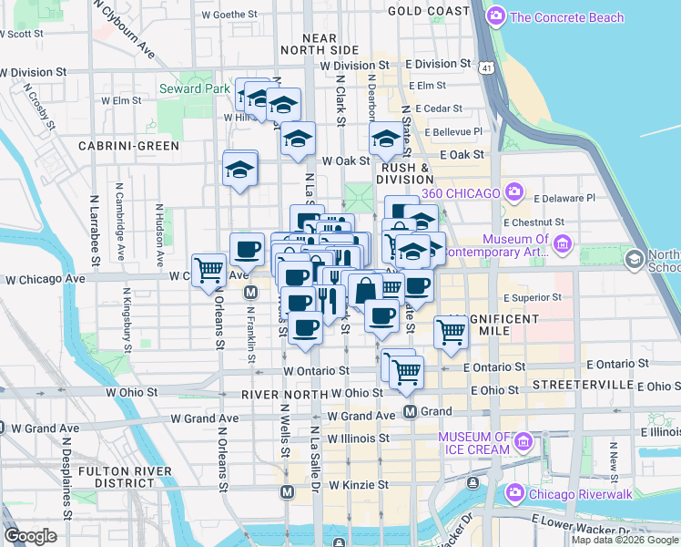 map of restaurants, bars, coffee shops, grocery stores, and more near in Chicago