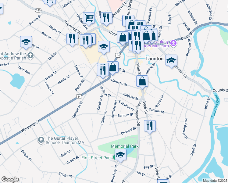 map of restaurants, bars, coffee shops, grocery stores, and more near 15 Harrison Avenue in Taunton