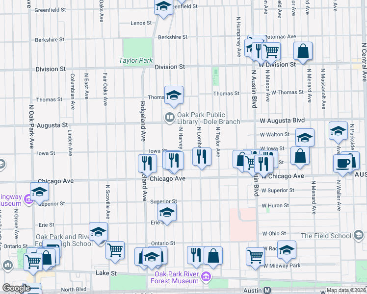 map of restaurants, bars, coffee shops, grocery stores, and more near 228 Iowa Street in Oak Park