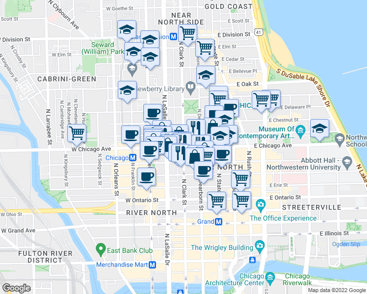 map of restaurants, bars, coffee shops, grocery stores, and more near North Clark Street & West Chicago Avenue in Chicago