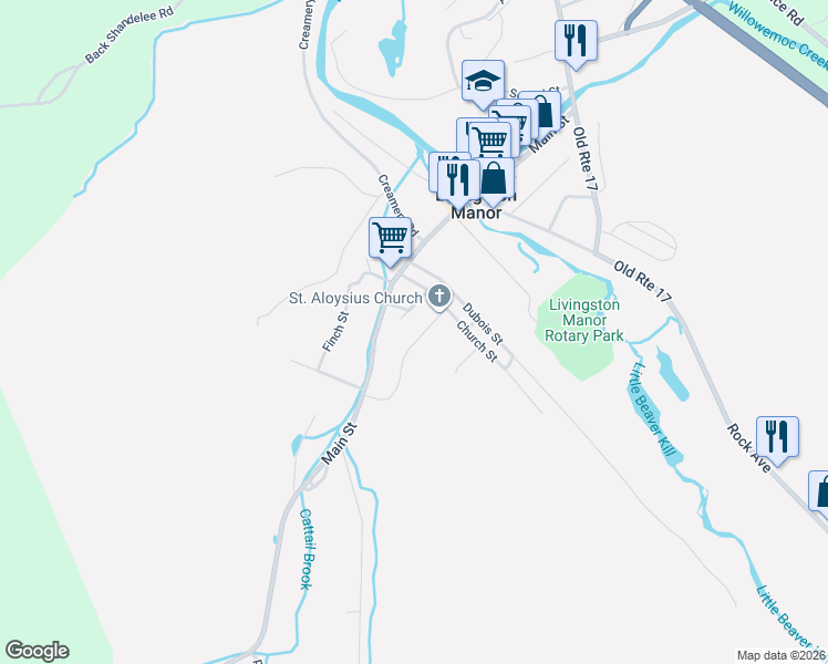 map of restaurants, bars, coffee shops, grocery stores, and more near 20 Spring Street in Livingston Manor